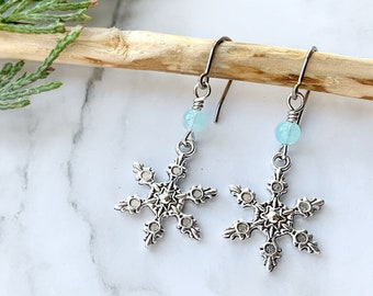 Hypoallergenic snowflakes earrings, niobium hooks winter dangle earrings for girls, frozen inspired jewelry