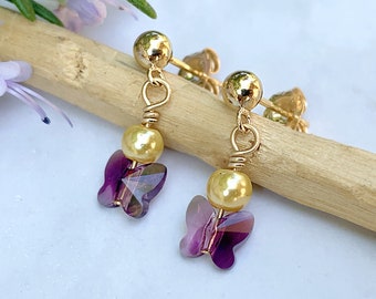 Small purple butterfly drop earrings for little girls, tiny crystal butterflies earrings, first dangle earrings, gold posts earrings