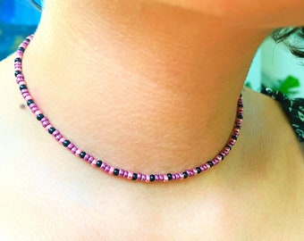 Beaded choker necklace, minimalist cute light jewelry, purple pink and black beads necklace, gift idea for girls