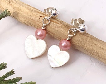 Small sterling silver white hearts drop earrings for girls,  gift for girls, cute dainty girls jewelry, ball posts dangle