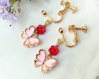 Clip papillon sur boucles d’oreilles pour les petites filles, papillons roses fleurs rouges boucles d’oreilles en or, bijoux oreilles non percées