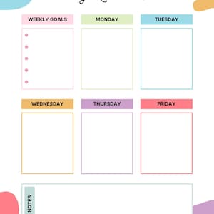 Könnte beinhalten: Buntes Wochenlektionsplan-Template mit Abschnitten für jeden Wochentag, Wochenziele und Notizen. Der Titel "Weekly Lesson Plan" ist in Schreibschrift geschrieben. Das Design umfasst Pastellfarben und florale Akzente.