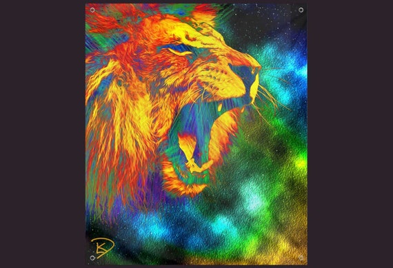 Lion Space Tapestry Psychedelic Tapestry Etsy