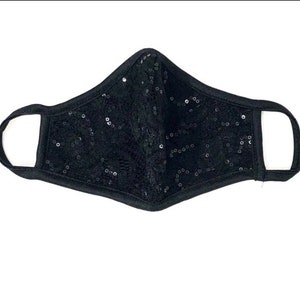 Adult Lace Sequin Fabric Face Mask - Bling Facemask - Black (Filter pocket)