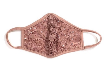 Volwassen Kant Pailletten Stof Gezichtsmasker - Bling Facemask - Mauve (Filterzak)