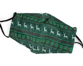 Adult Christmas Fabric Face Mask  Winter- Facemask - Men or Women Reindeer (Filter pocket)