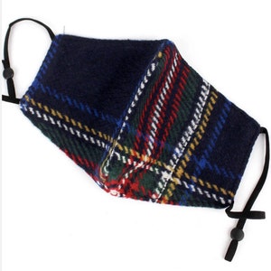 Adult Plaid Fabric Face Mask Fall Winter- Facemask - Navy (Filter pocket)