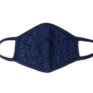May include: A navy blue face mask with a delicate lace pattern.