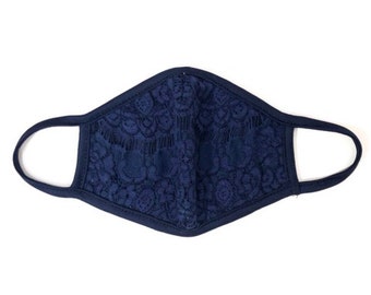Volwassen Kant Stof Gezichtsmasker - Mondkapje - Marineblauw (Filterzak)