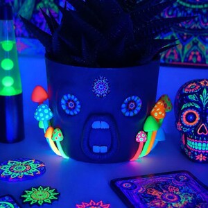 Può includere: Un vaso per piante reattivo alla luce nera con un design a volto, adornato con accenti di funghi colorati e luminosi. Il vaso contiene una pianta succulenta ed è circondato da altri oggetti decorativi luminosi.