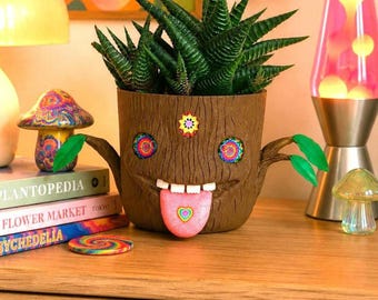 Jarrón de arcilla polimérica psicodélica hecho a mano con cara divertida, mandala psicodélica alucinante, idea de regalo hippie divertida para plantas.