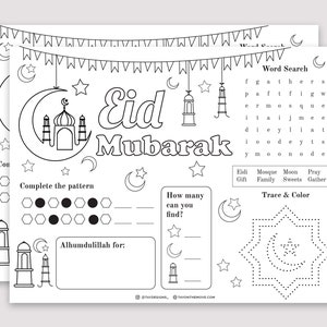 May include: Black and white printable activity sheet with the words "Eid Mubarak" in a decorative font. The sheet includes a word search, a pattern completion activity, a counting activity, and a tracing activity. The sheet is designed for children to celebrate Eid al-Fitr.