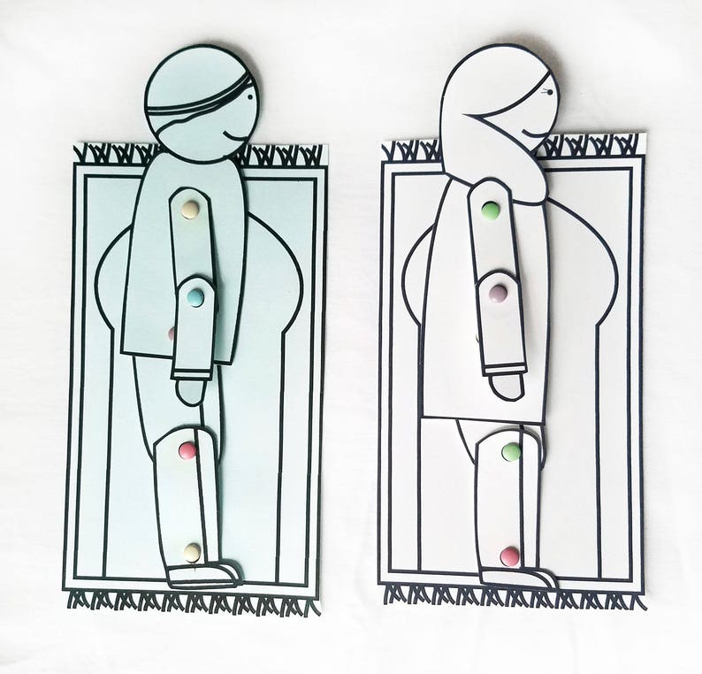 May include: A printable craft activity featuring two figures, one in blue and one in white, standing on prayer rugs. The figures have movable arms and legs, with colourful dots representing joints.