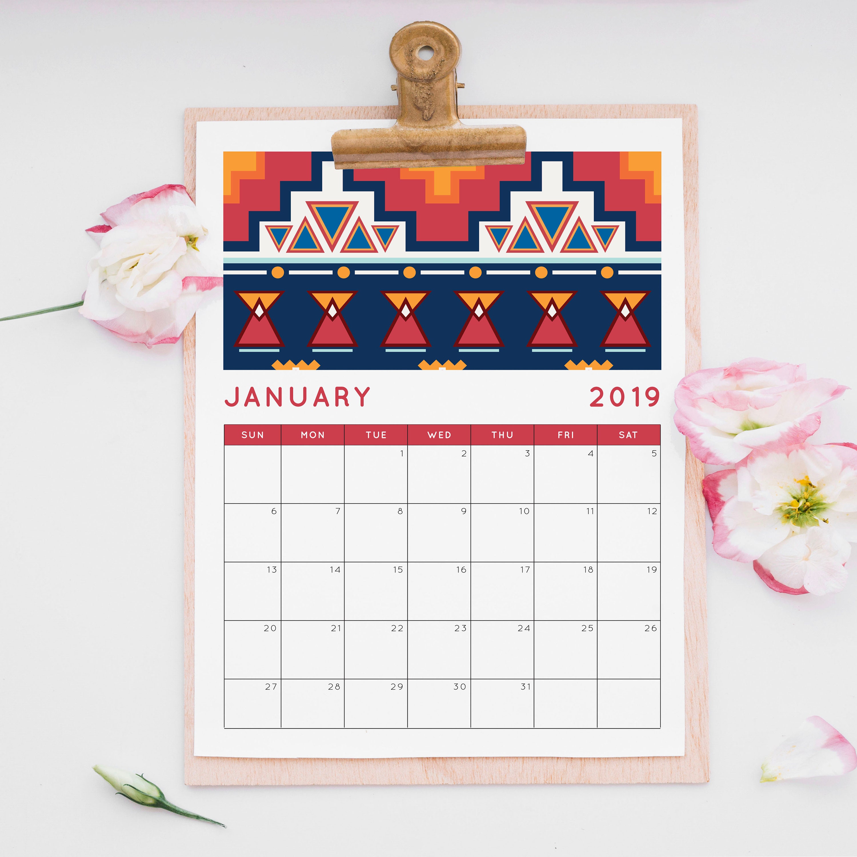 2019 Printable Calendar Colorful Boho Pattern Calendar Etsy