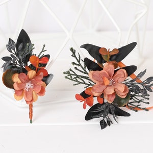 Black rust orange wedding boutonniere and corsage, fall rust wedding boutonniere and corsage, black burnt orange Halloween wedding