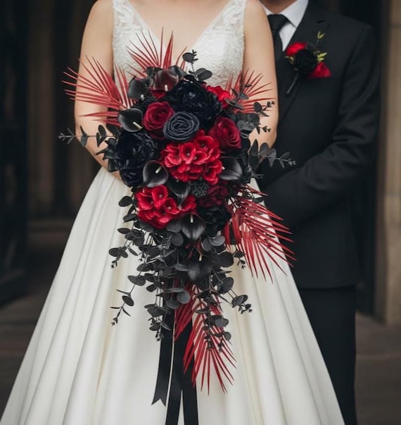 black bridesmaid dresses with red roses Black Red Roses Wedding Bouquet, Black Navy Red Halloween Gothic Wedding  Bouquet, Black Burgundy Vampire Wedding Bouquet