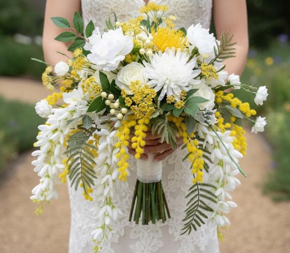 Yellow Mimosa Flowers White Roses Wisteria Greenery Wedding