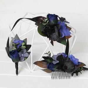 Black gray navy blue hair comb black gray blue wedding accessory black navy blue Halloween boutonniere gray blue wedding corsage