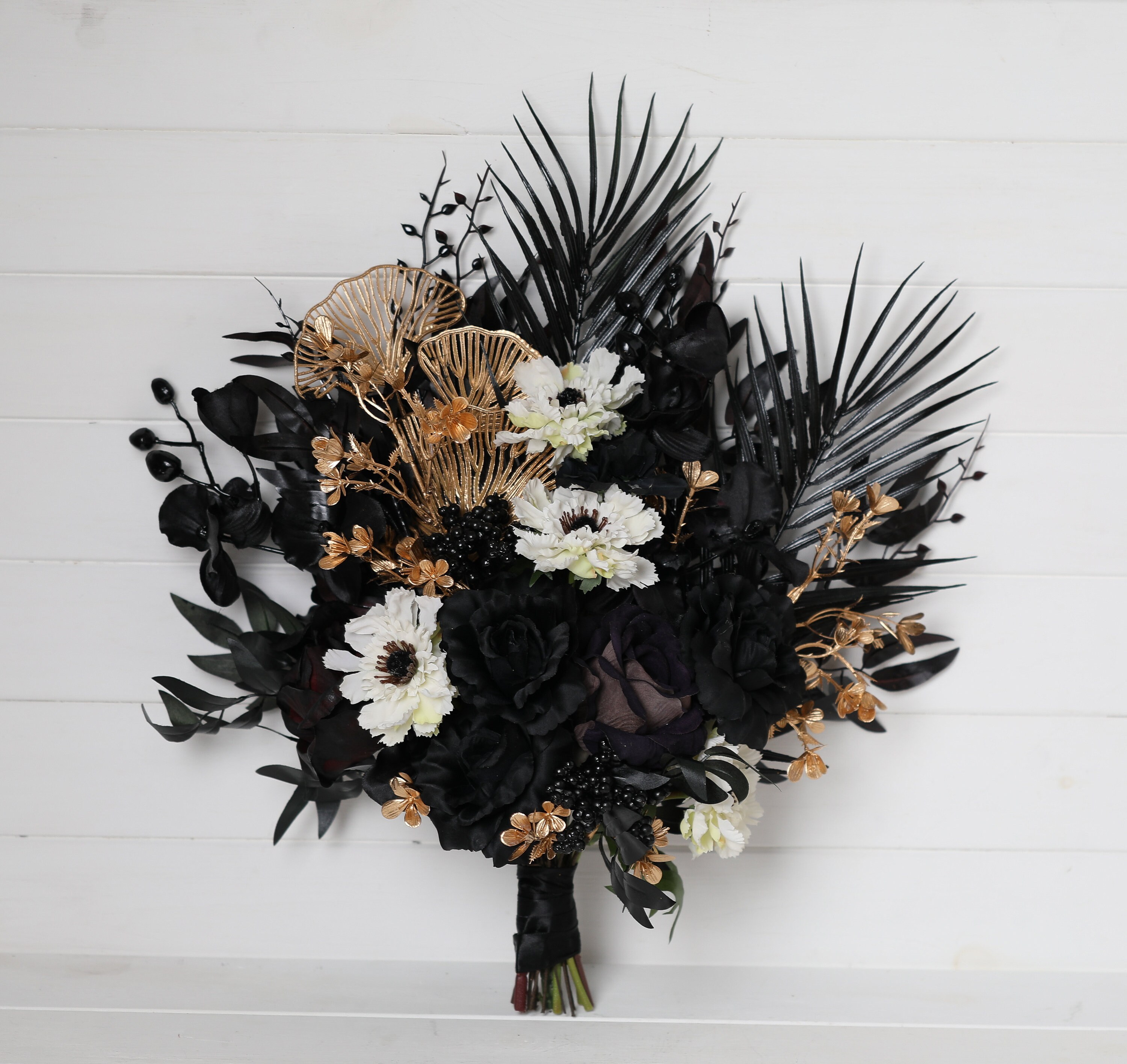 Black Gold Wedding Bouquet With White Anemone, Black Gold White 