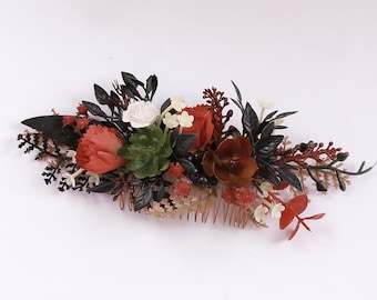 Black Rust Floral Hair Comb: Burgundy Wedding Hair Accessory