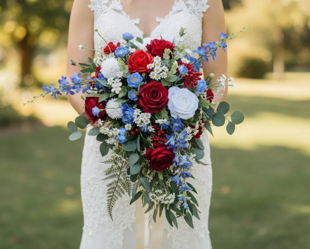 Blue Red Roses Red Blue White Roses Daisy Forest Green Wedding Bouquet Rustic Farytale ...