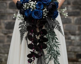 Black Orchid Dark Blue Roses Goth Wedding Bouquet Black Pampas Grass Fern Royal Blue White Babys Breath Bouquet Black Blue Halloween Wedding