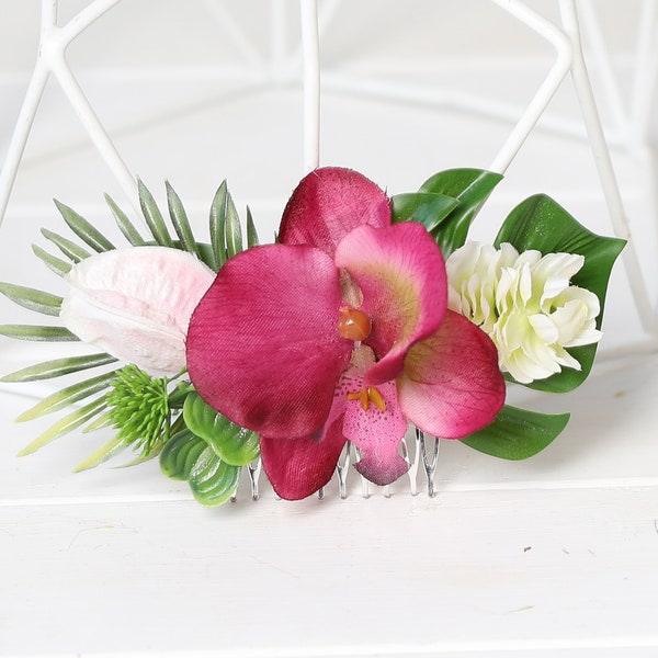 Peigne à cheveux ivoire orchidée rose chaud feuilles de palmier casque de mariage tropical orchidée rose peigne à cheveux mariage désert orchidée rose peigne à cheveux plage