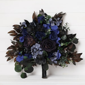 Black & Royal Blue Fabric Flower Bouquet: Gothic Halloween Wedding
