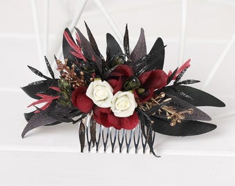 Black Burgundy Ivory roses Gothic Hair Comb: Bridal Flower Hairpiece
