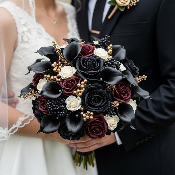 black bridesmaid dresses with red bouquet Trendy Mismatched Black Bridesmaids Dresses for Fall Wedding