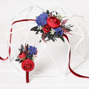 Red & Blue Wedding Boutonniere: Groom, Groomsmen Corsage