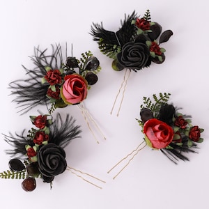 Set of 4 black burgundy roses hair pins with black feathers black burgundy roses wedding hairpieces black burgundy Halloween hair pins