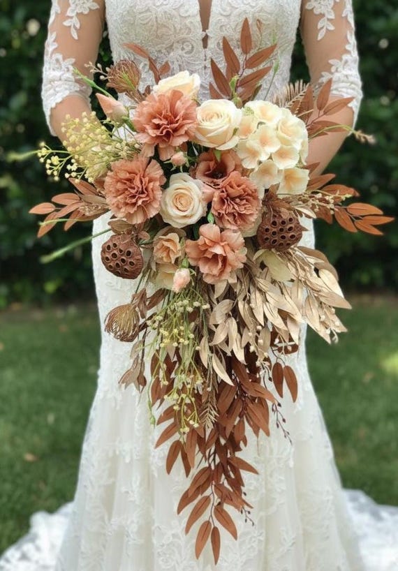 Boho Peach Roses Hydrangea Cream Wedding Bouquet Mocha Mousse