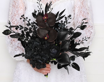 Black Orchids Wedding Bouquet, Black Callas Goth Halloween Wedding - Main Image