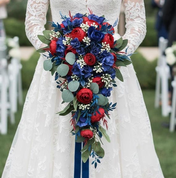 red blue wedding dress Royal Bouquet Rustic Wedding Bouquet With Royal Blue Hydrangea Red Ranunculus Green Eucalyptus Blue White Wedding Bouquet Unconventional Wedding Dresses for Skirts and Dresses there will be slight Size:XL - (16-18)