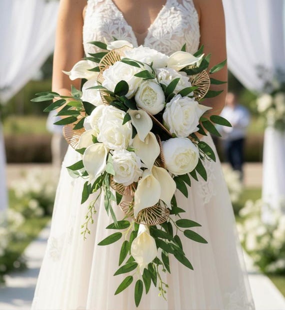 White Callas Gold Gingko Leaf Wedding Bouquet White Roses Peonies