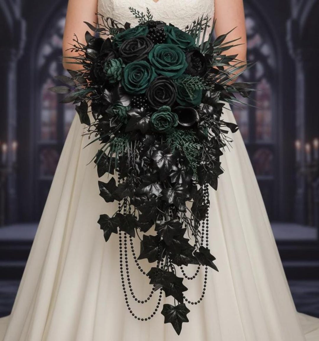 Black Dark Emerald Roses Gothic Wedding Bouquet Black Ivi Leaves Dark ...