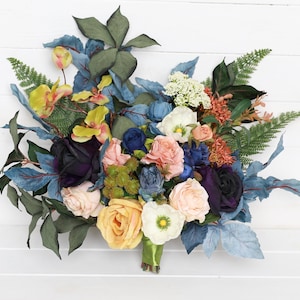 Dusty blue mustard wedding bouquet, mustard orchids green rustic bouquet, dusty blue green wedding bouquet with white anemones