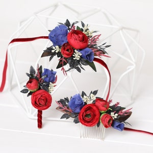 Red Blue Floral Wedding Hair Comb: Boho Corsage Boutonniere Set