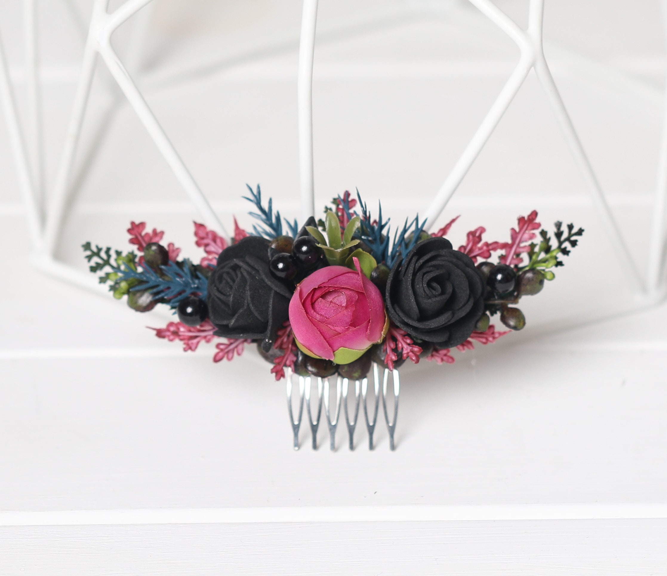 Black & Fuchsia Floral Hair Comb: Gothic Wedding Headpiece 