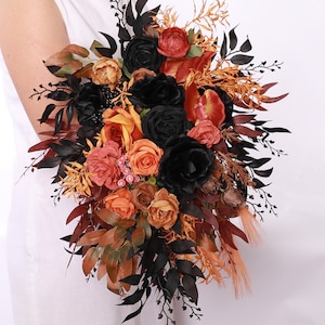 Black Rust Orange wedding bouquet, fall black terracotta bouquet, fall rust black orange Halloween wedding bouquet