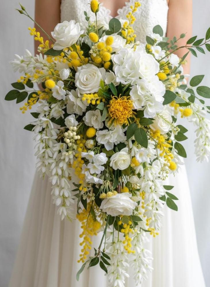 Yellow Mimosa White Roses Wisteria Greenery Leaves Wedding Bouquet