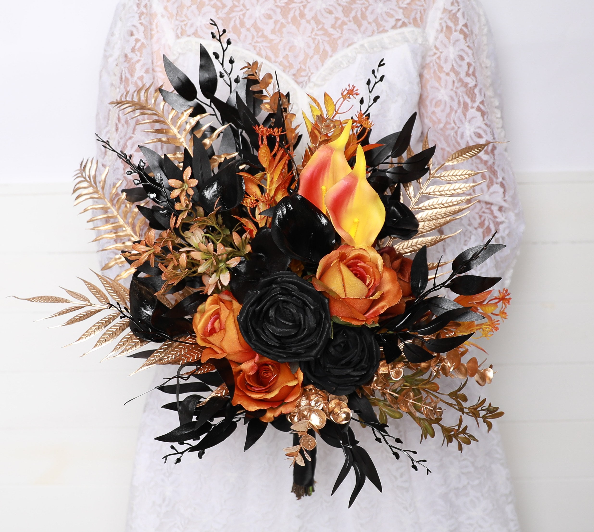 Gothic Halloween Wedding Bouquet: Black, Gold & Orange Fabric Roses - Etsy