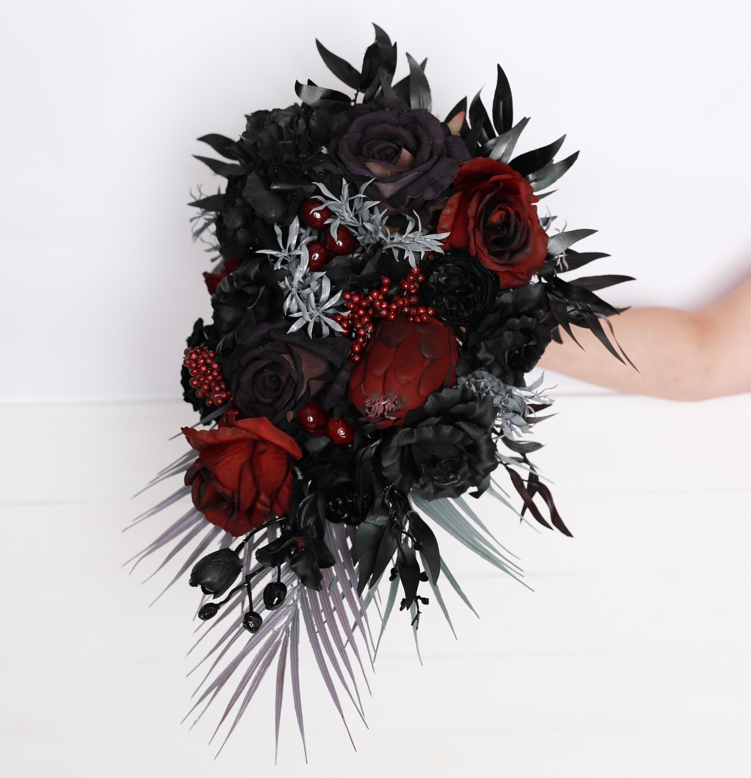 Black burgundy roses wedding bouquet, black navy red gray vampire wedding bouquet, black burgundy Halloween wedding bouquet