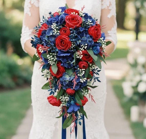 Red Royal Blue Wedding Bouquet Rustic Wedding Bouquet With Royal Blue Hydrangea Red Royal Blue White Wedding Bouquet