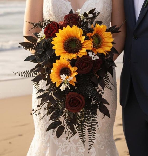 black bridesmaid dresses with sunflowers Hydrangea Burgundy Roses Sunflower Wedding Bouquet: Gothic Vampire Style Boho Summer Floral Beach The Cassie Dress is Color:Cali GO LIVE DATE: 06/04/2026