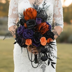 Black Roses Fern Orange Protea Purple Roses Gothic Wedding Bouquet Hanging Beads Black Purple Orange Halloween Wedding Bouquet