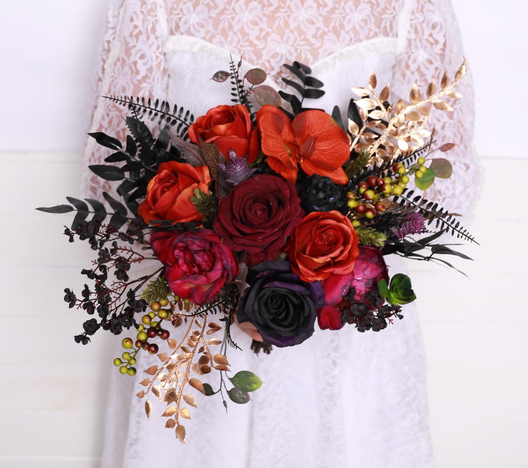 Dark Rust Roses Black Fuchsia Rust Roses Gold Wedding Bouquet, Black Fuchsia Gold ...