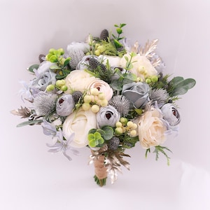 Ivory gray flowers wedding bouquet ivory ranunculus gray roses bouquet gray eryngium thistle green eucalyptus scottish wedding bouquet