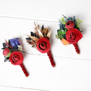 Red blue black wedding boutonniere Fiance Groom Groomsmen buttonhole red gold black wedding accessories